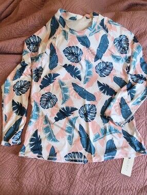 Tropical Leaf Print Long Sleeve top/ Rash Guard- Blue & Pink☀️☀️